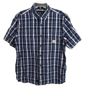 Carhartt Shirt Mens Medium Blue Plaid Loose Fit Button Up Short Sleeve‎ Cotton
